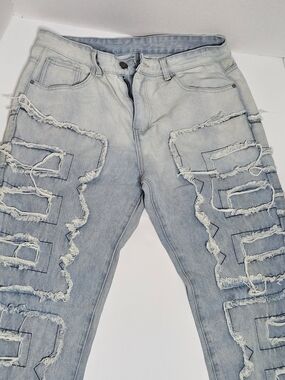 Light Wash Distressed Frayed Lettering Graphic Streetwear Stacked Jeans Size 36